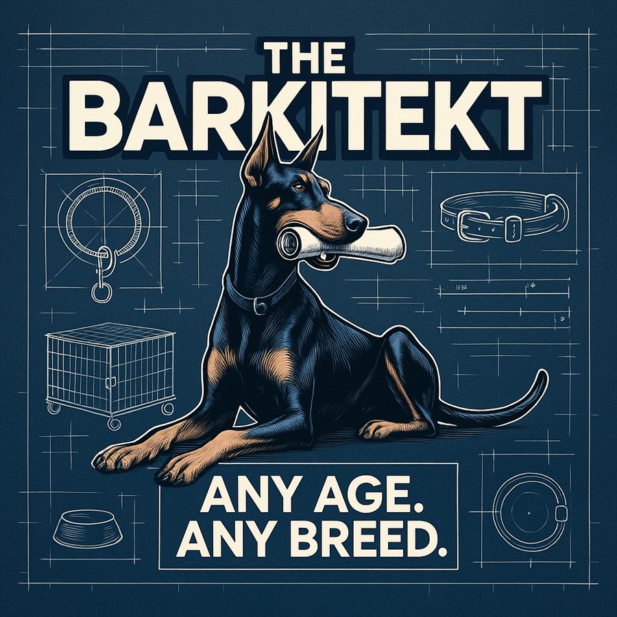 A Doberman lying on blueprint paper with a rolled-up blueprint in its mouth, under the words The Barkitekt: Any age. Any breed.